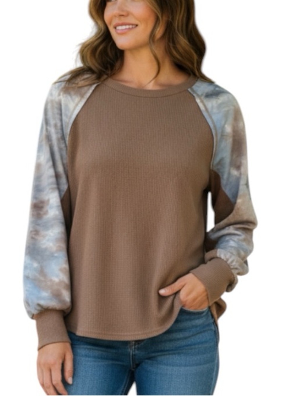**NWT** Umgee Waffle Knit Top Tie-Dye Raglan Sleeves